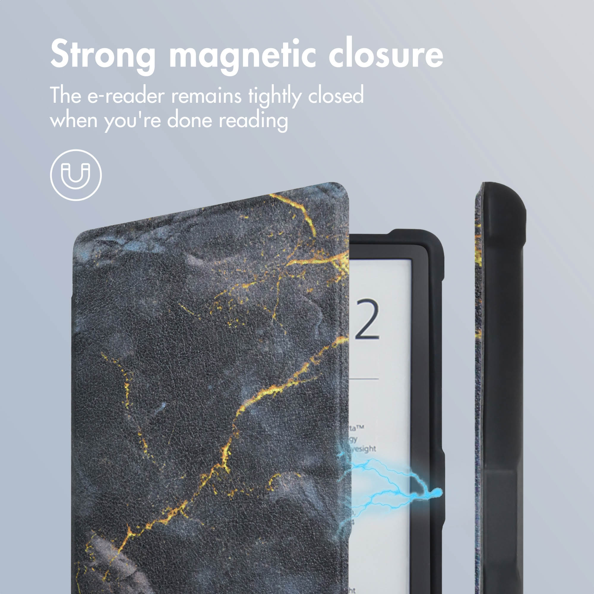 E-reader in een zwarte marmerpatroon hoes met sterke magnetische sluiting.
