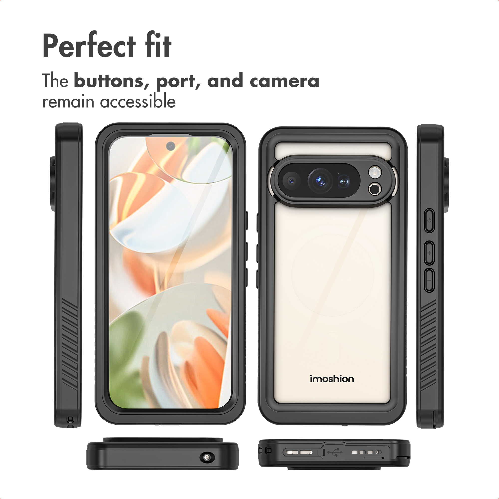 Custodia protettiva nera mostrata da tutti i lati, che evidenzia tasti e fotocamera accessibili.