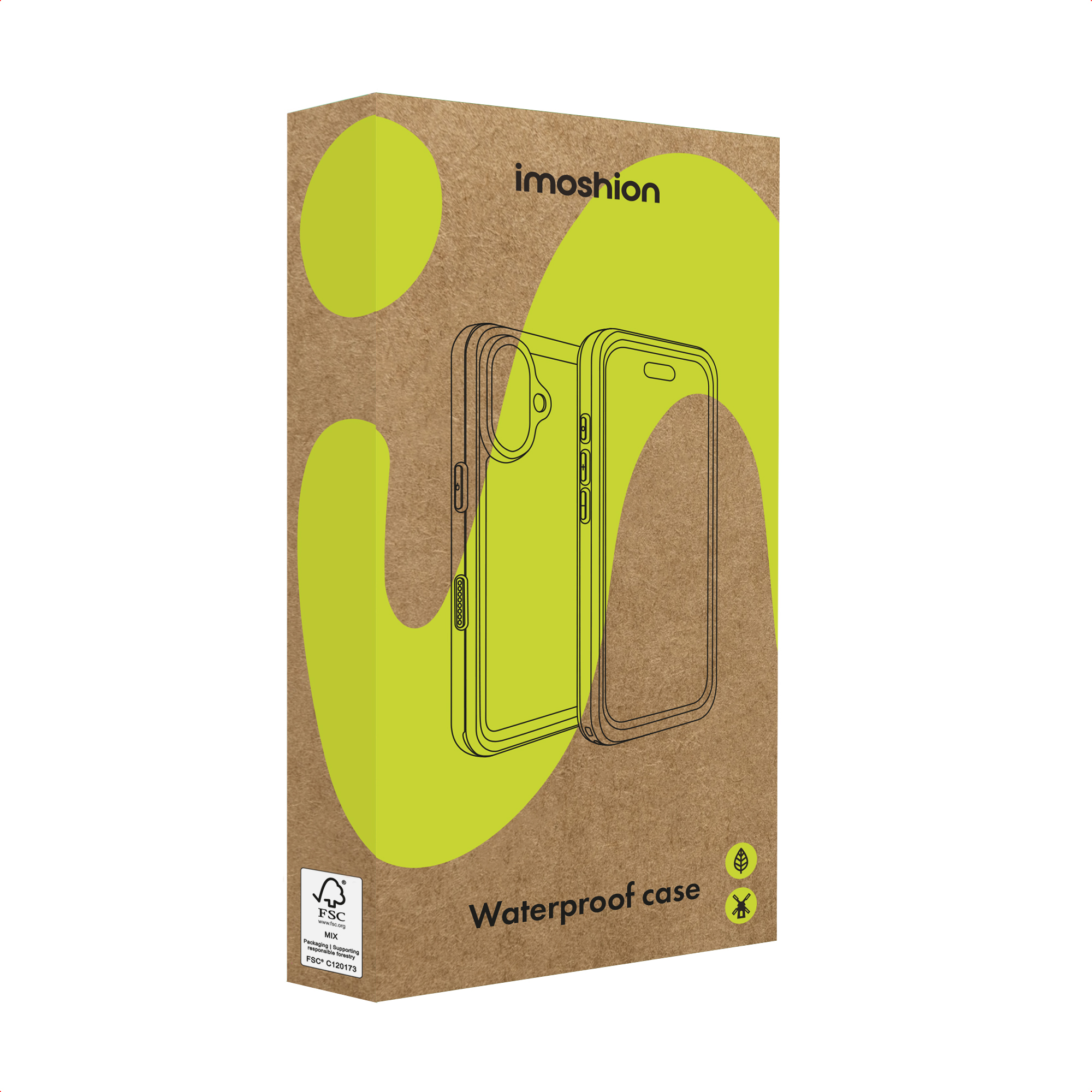 Confezione in cartone per custodia impermeabile per telefono imoshion con forme verdi.