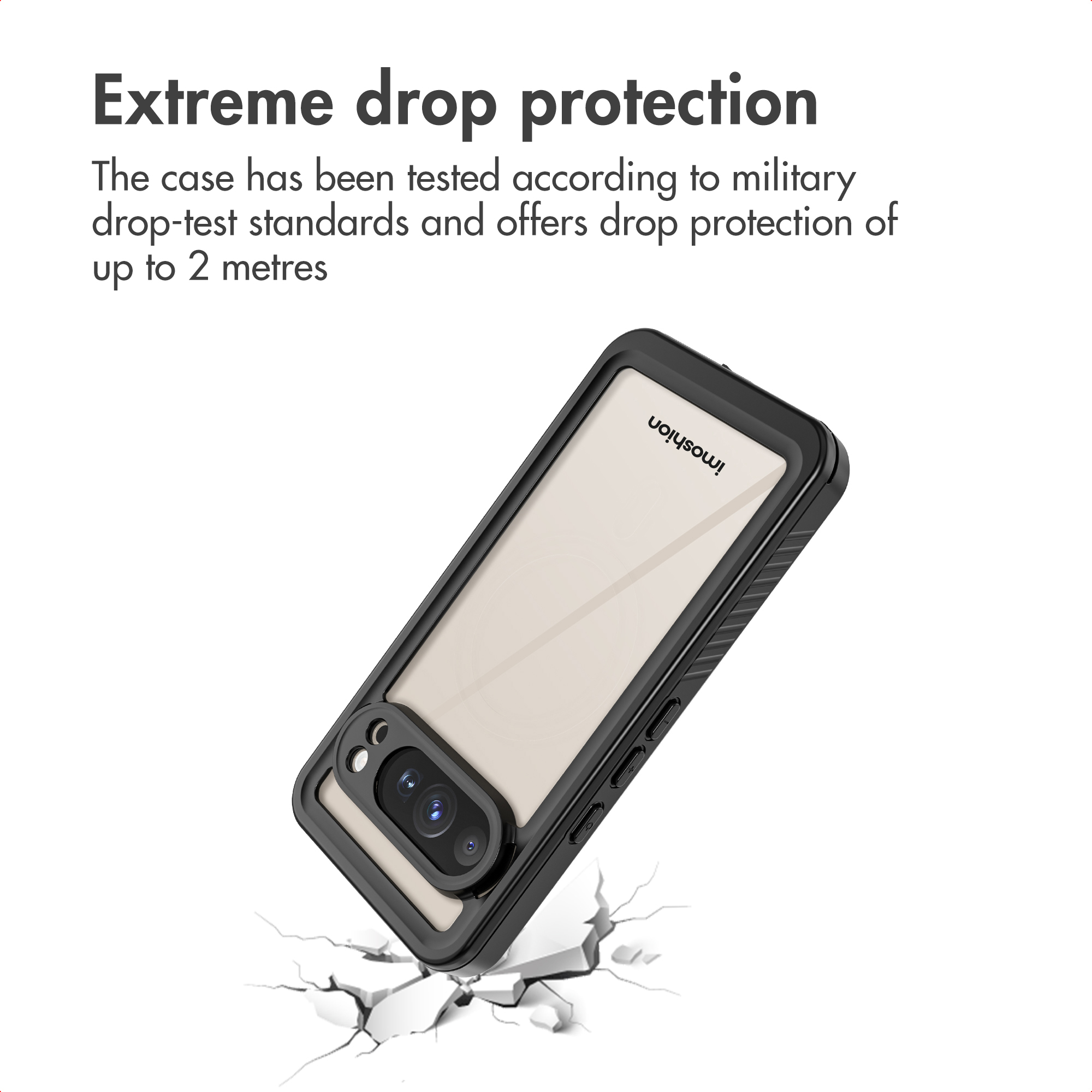 Custodia per smartphone resistente sopra terreno screpolato con testo sulla protezione.