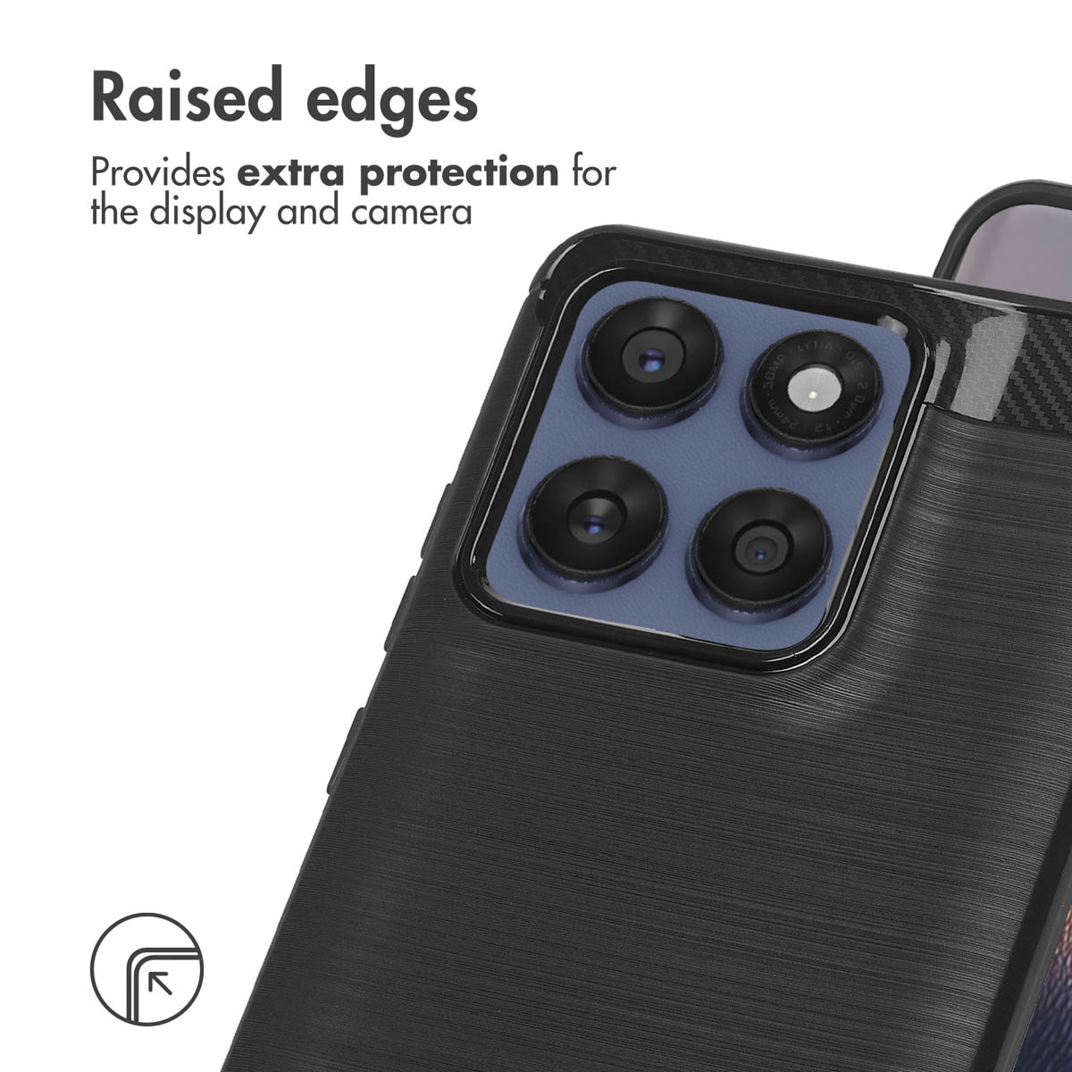 I bordi rialzati offrono protezione extra per schermo e fotocamera. Smartphone con cover nera.