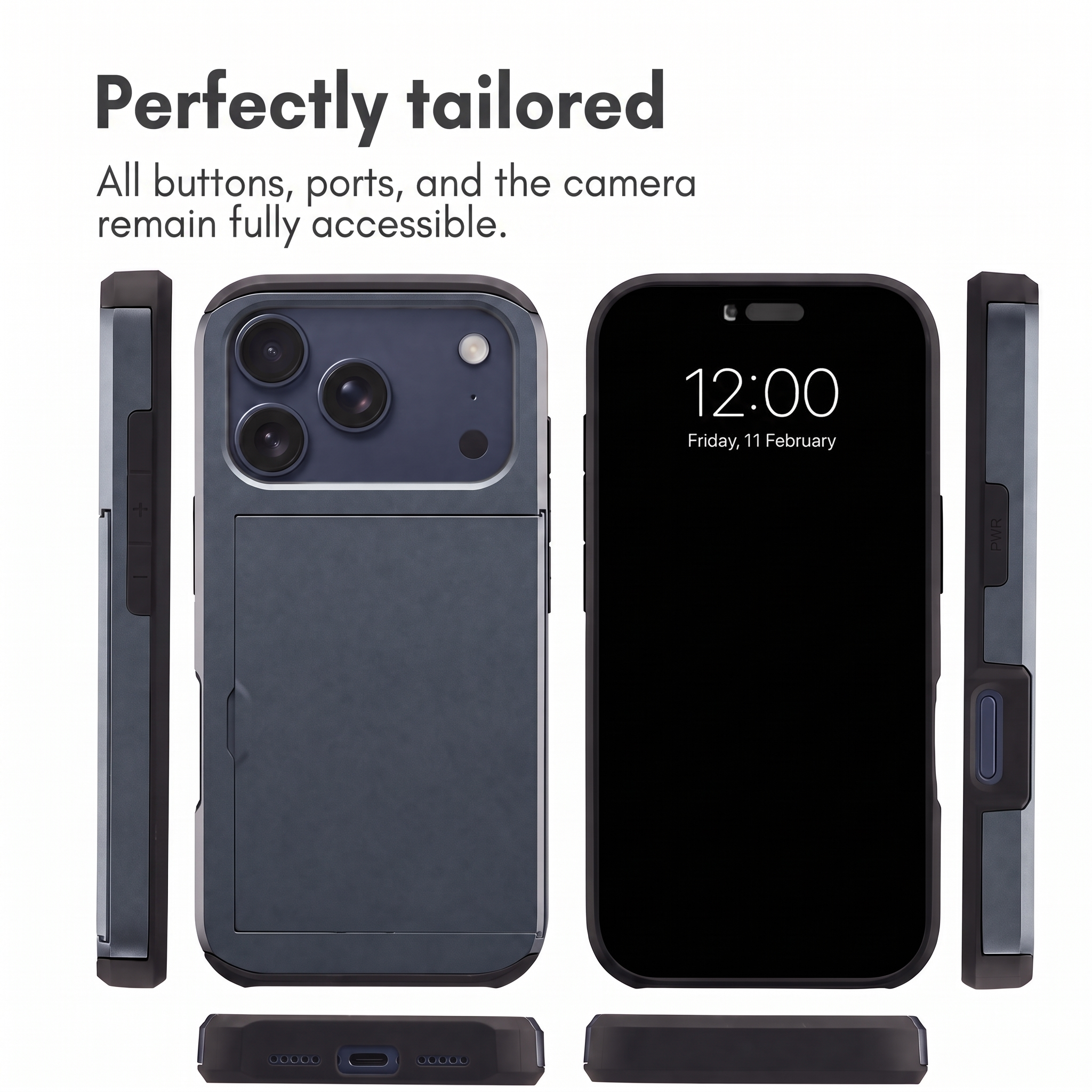 Verschiedene Ansichten einer Smartphone-Hülle mit Kartenschlitz auf der Rückseite und Text oben.