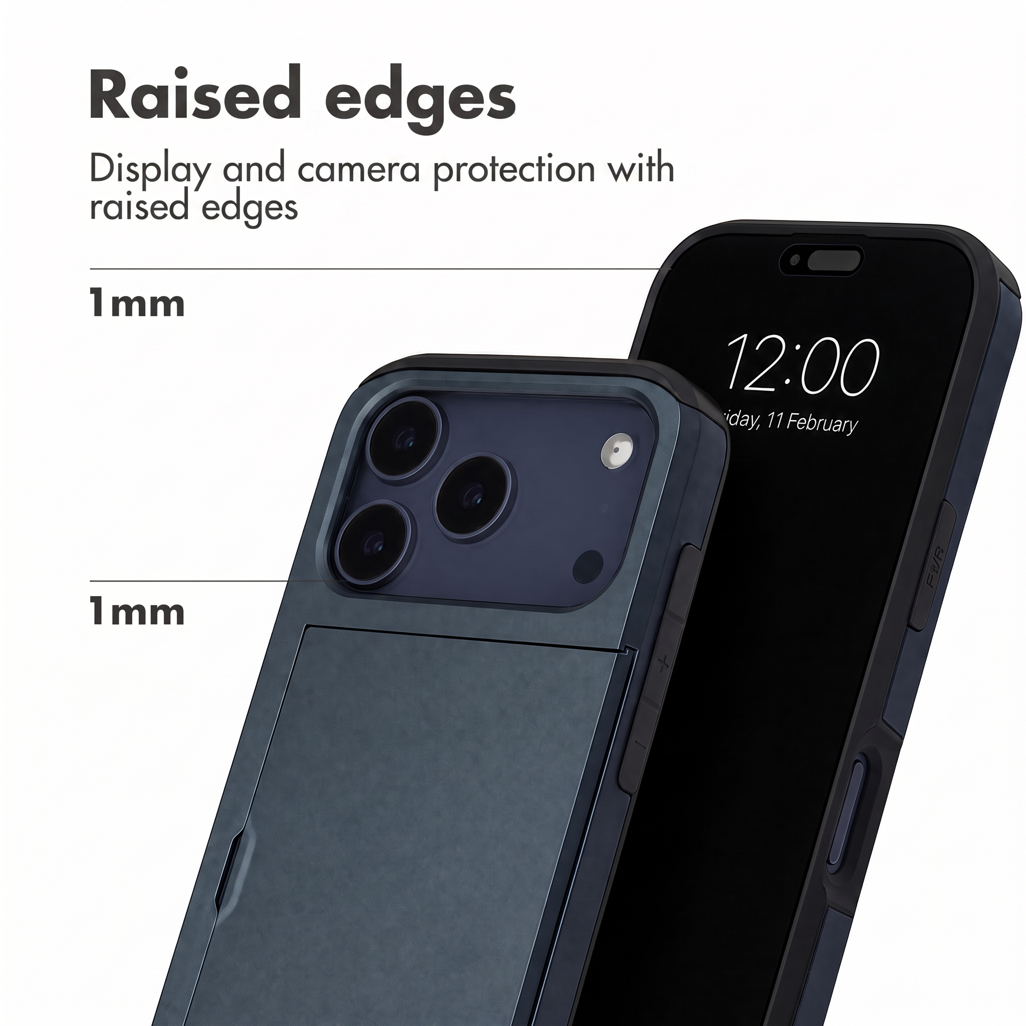 Smartphone in Schutzhülle mit 1 mm erhöhten Rändern für Display- und Kameraschutz.