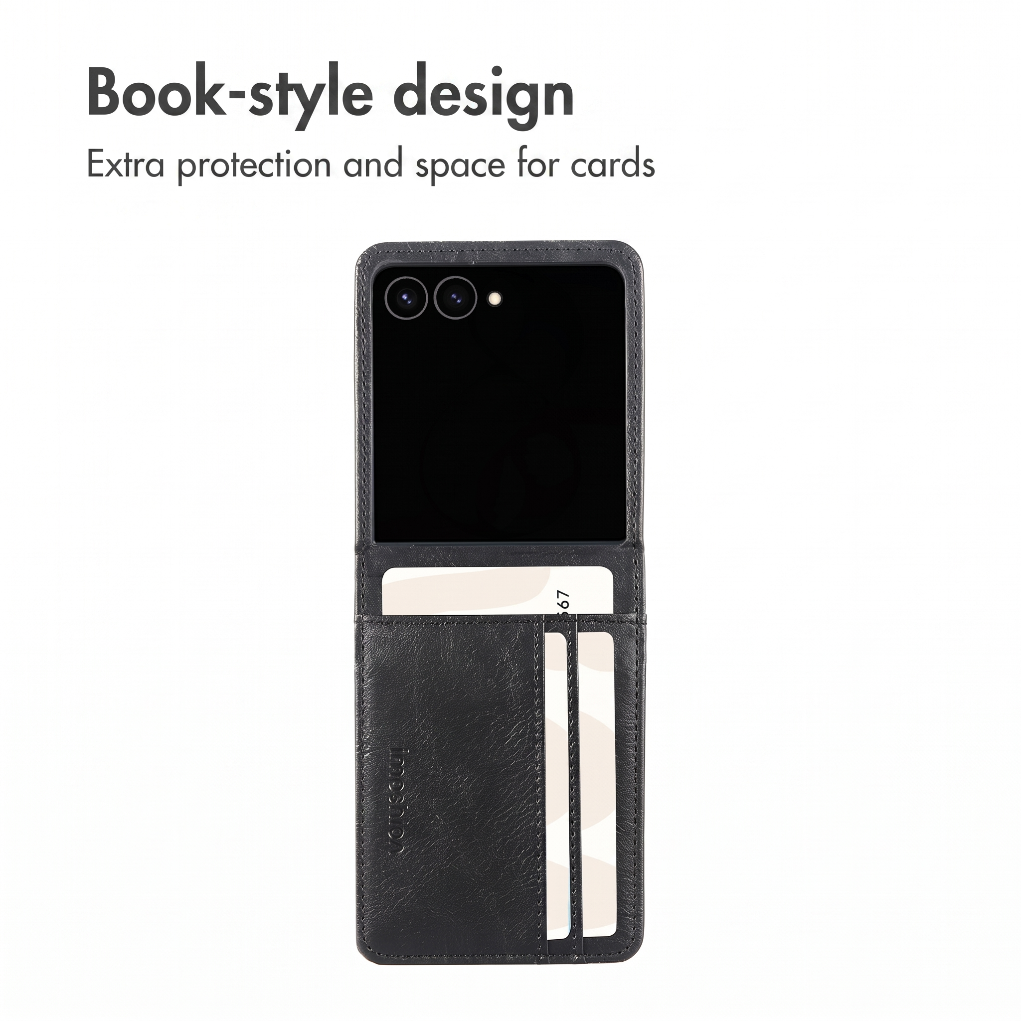 Étui de téléphone en cuir noir avec design de livre et fentes pour cartes.