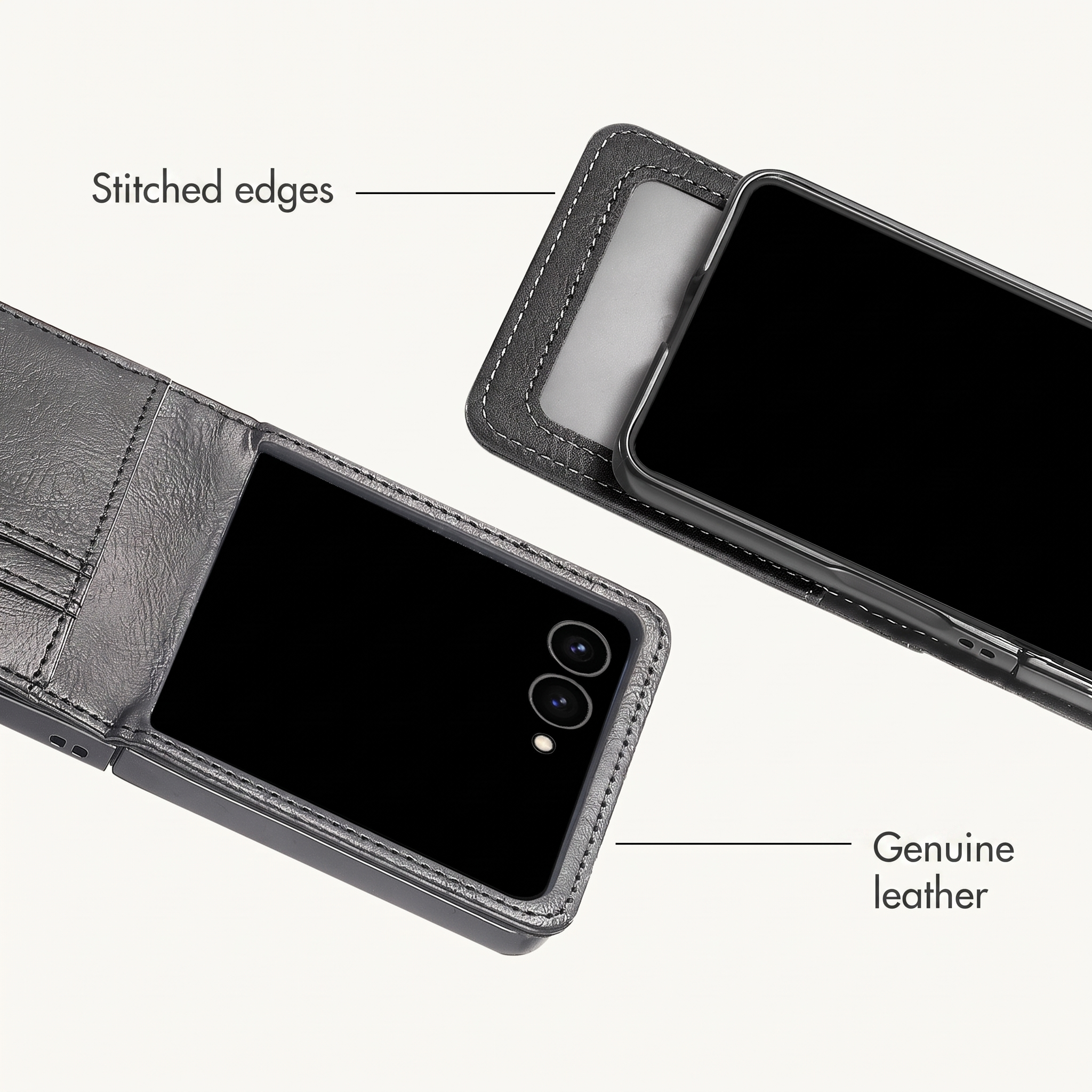 Deux étuis de téléphone en cuir noir avec bords cousus, mettant en valeur les bords cousus et le cuir véritable sur fond blanc.