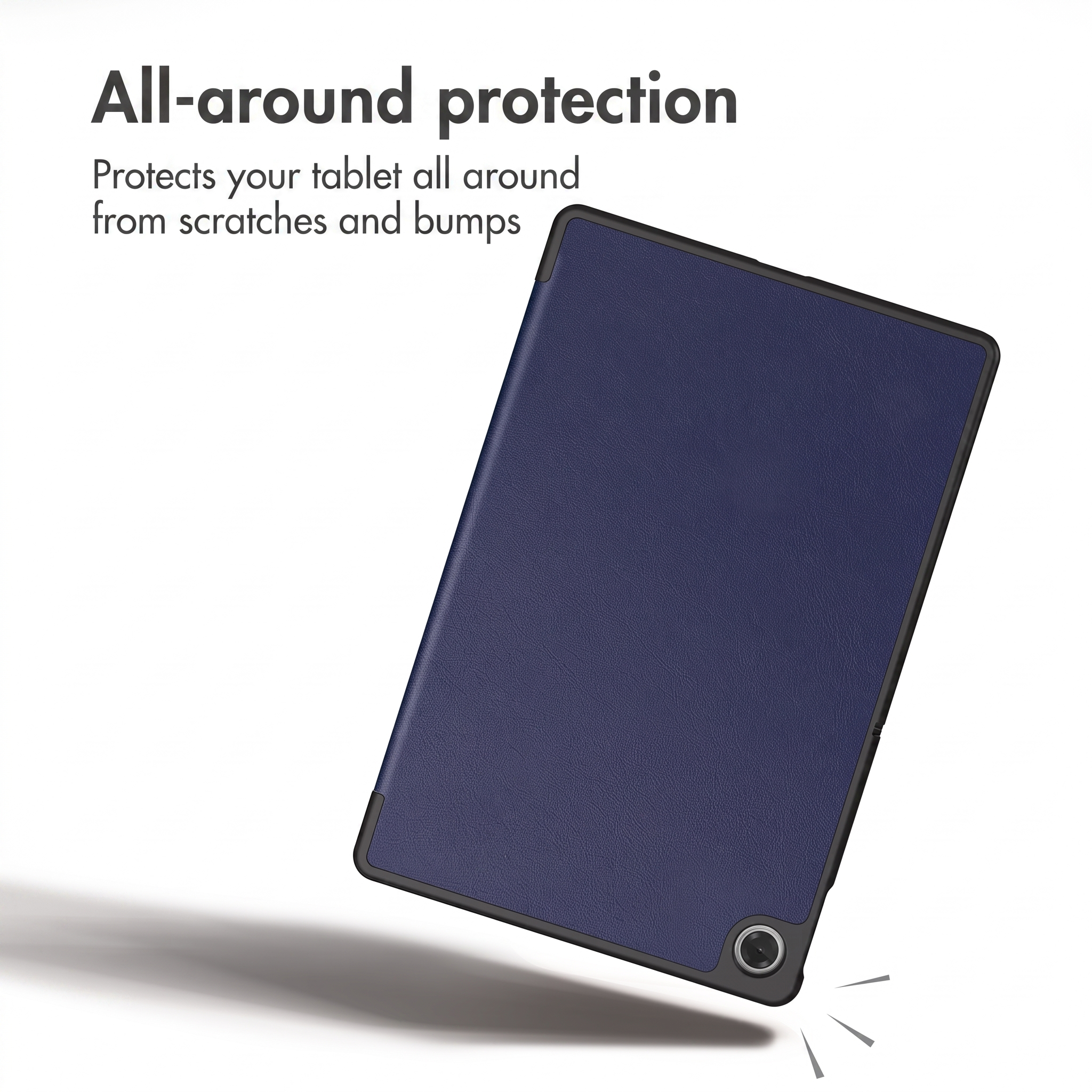 Une tablette bleue dans un étui de protection sur fond blanc avec texte.