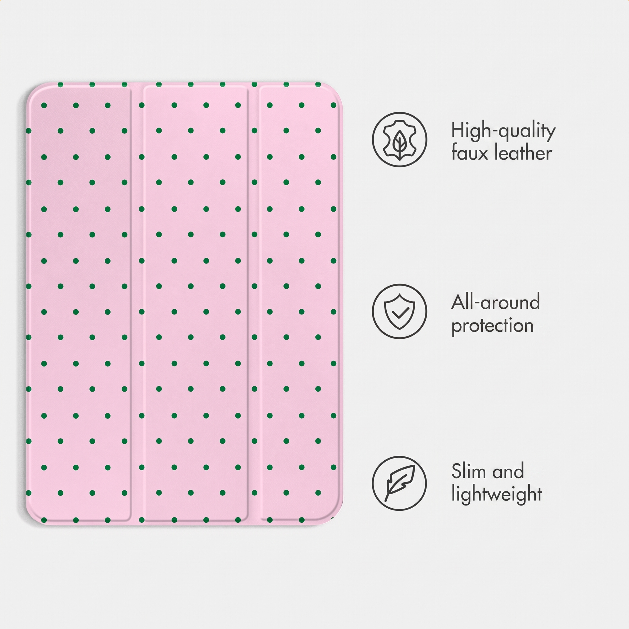 Roze tabletkaft met groene stippen, kunstleder, bescherming en lichtgewicht.