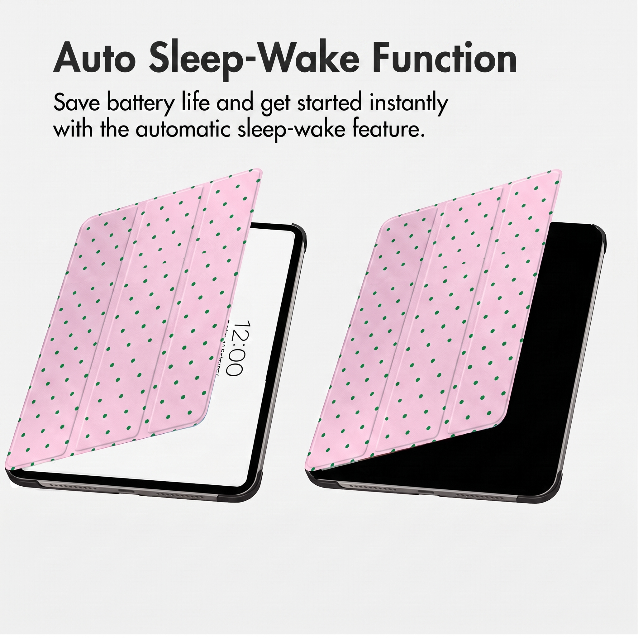 Twee tablets tonen de automatische slaap-waakfunctie met roze-groene stipjeshoesjes.