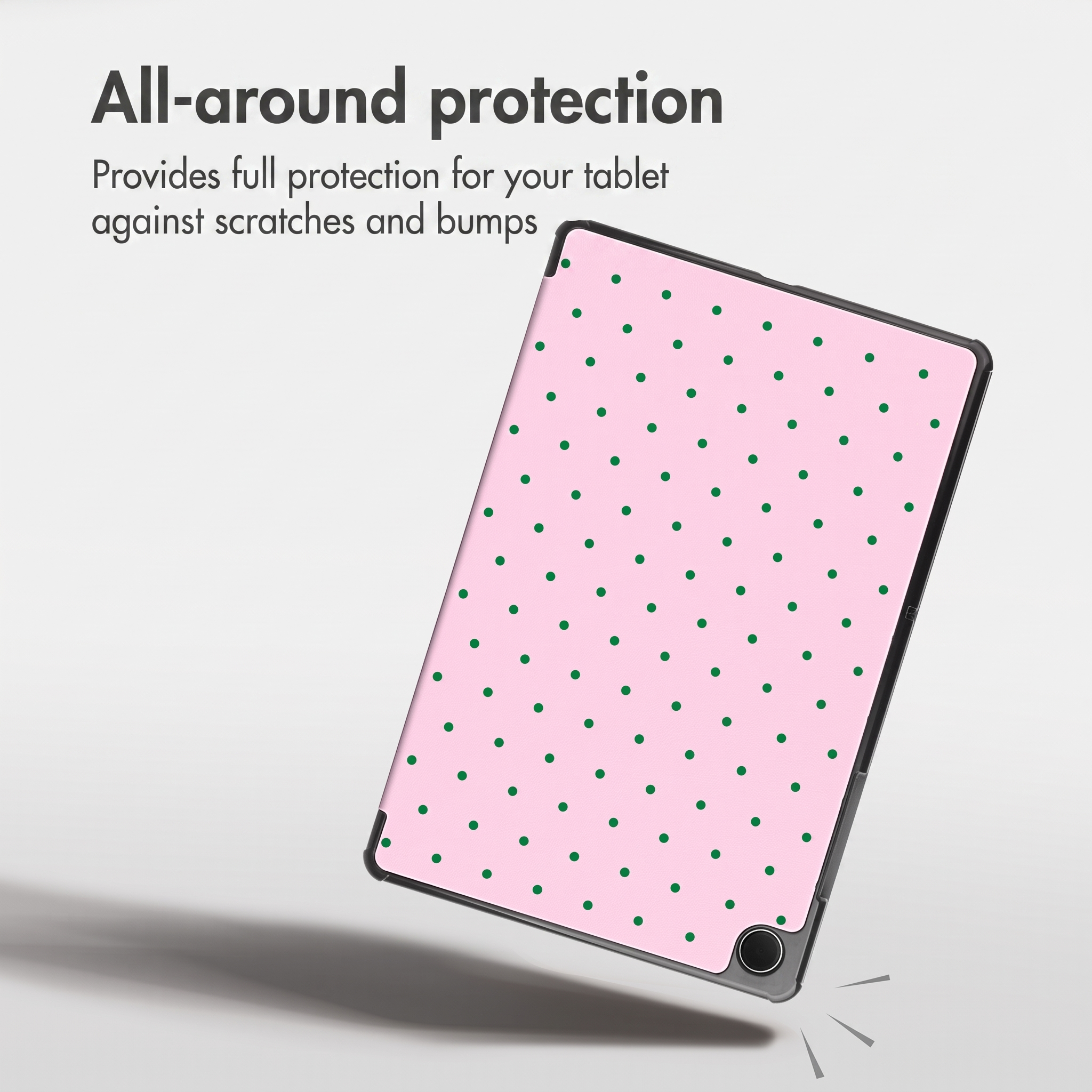 Custodia per tablet rosa con pois verdi e testo protettivo.