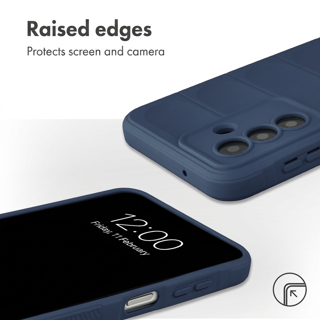 Funda azul para móvil con bordes elevados que protegen la pantalla y la cámara.