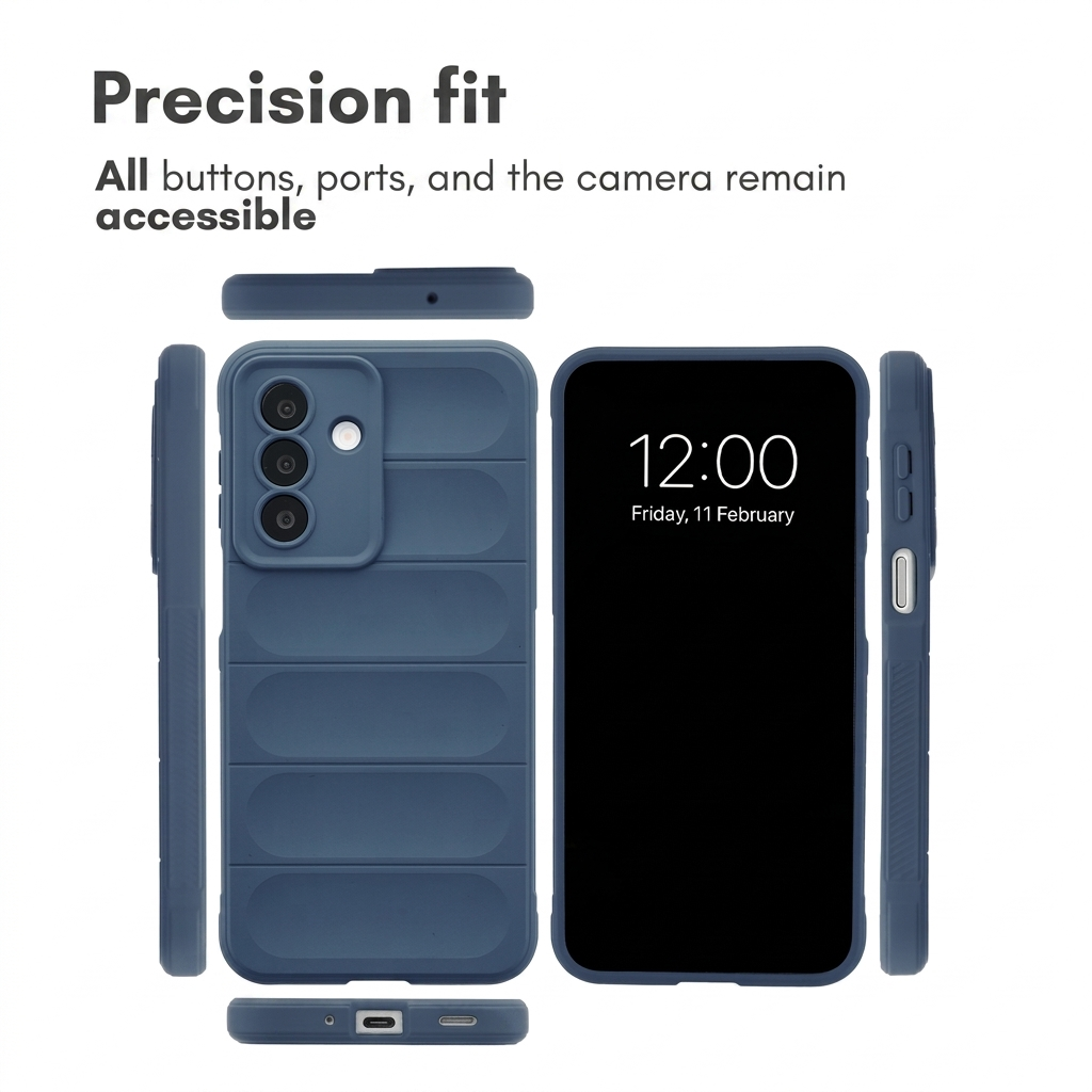 Fundas para teléfonos inteligentes azules desde varios ángulos con texto.