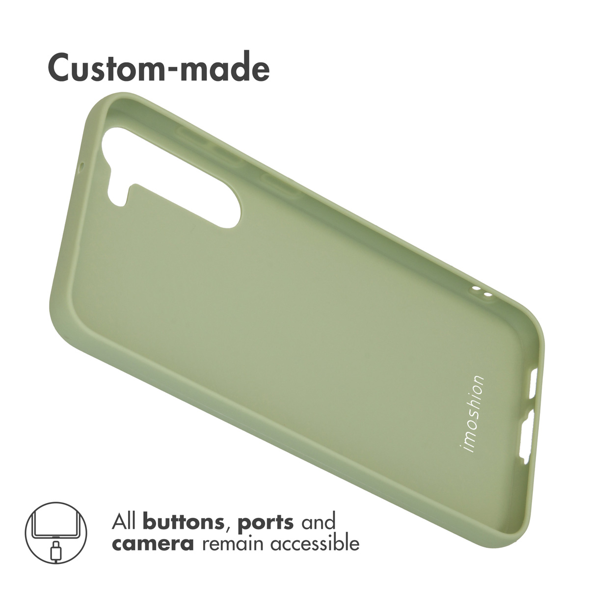 Une coque de smartphone en silicone vert sauge mat avec des découpes précises sur fond blanc.