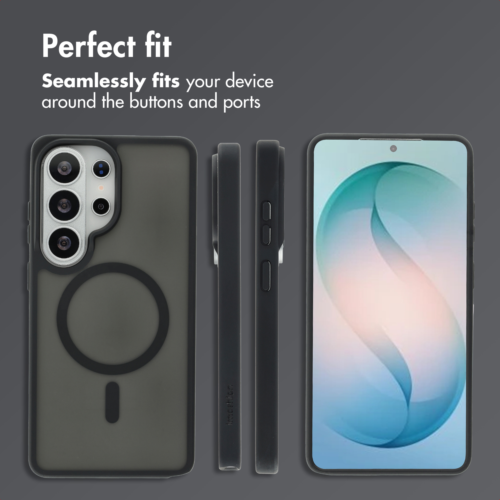 Coque de téléphone avec découpes pour boutons et appareil photo, vues arrière, latérale et avant.