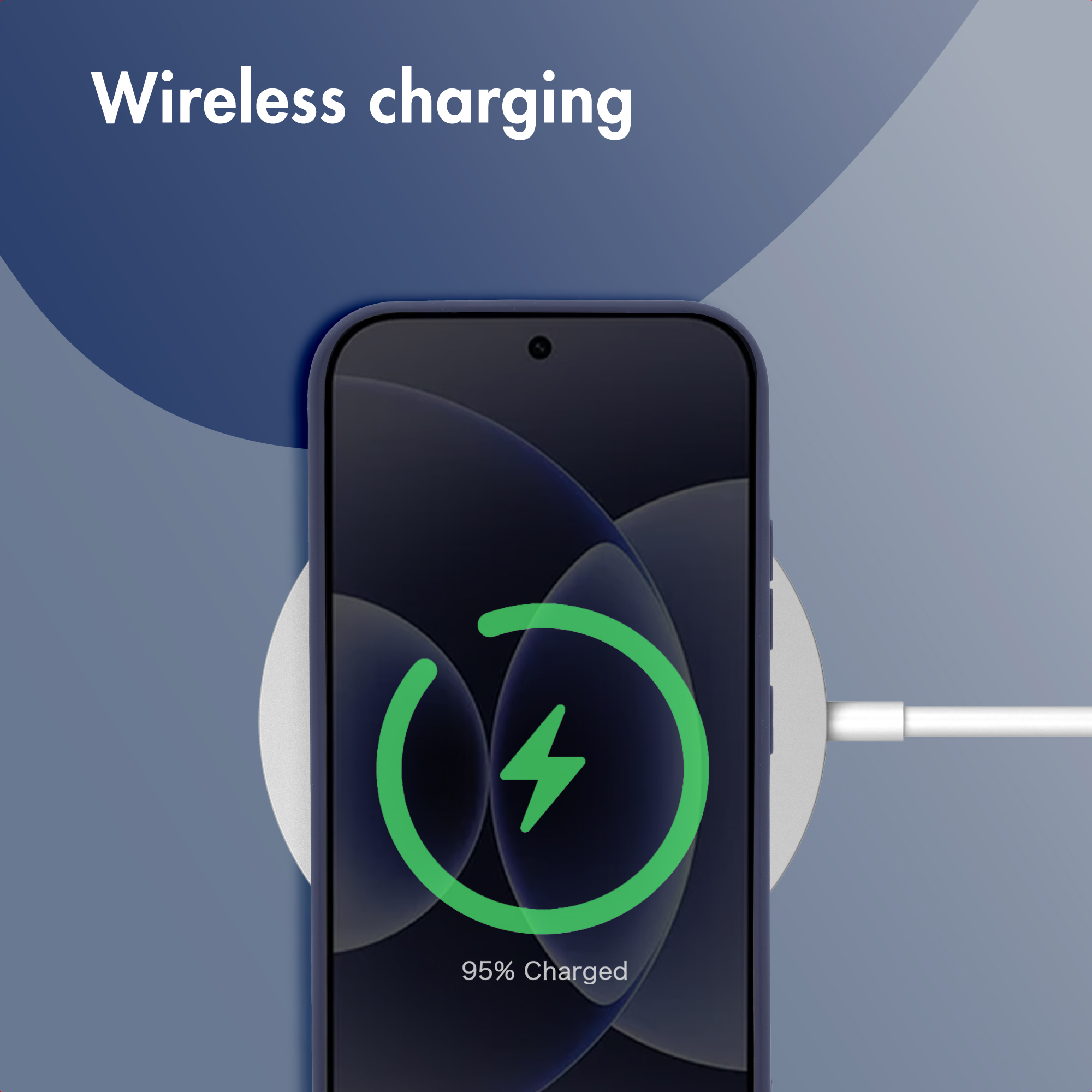 Un smartphone se carga de forma inalámbrica en una base sobre fondo azul con el texto Wireless charging.