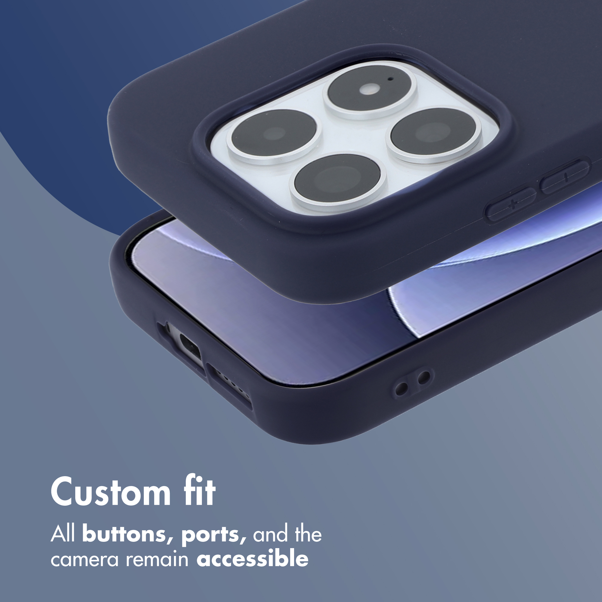 Funda de smartphone azul oscuro con recortes precisos para cámara y puertos.