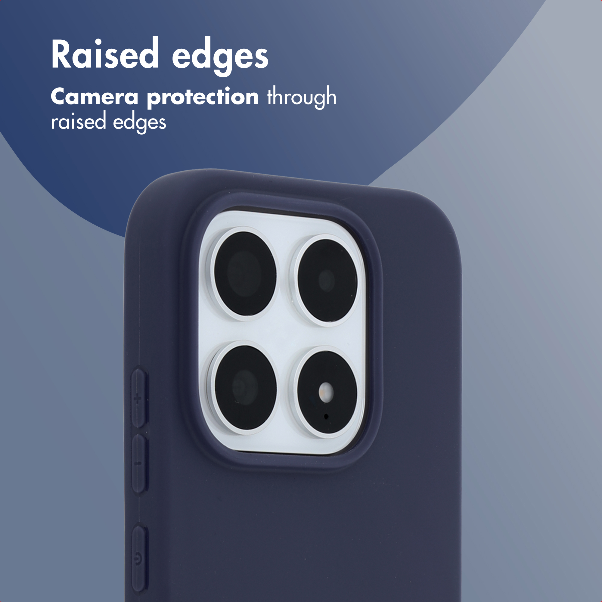 Funda de móvil azul con borde elevado para proteger la cámara de daños.