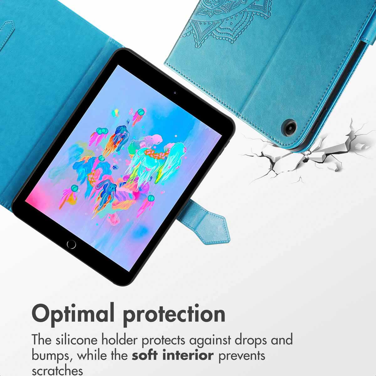 Een turquoise tablethoes met een kleurrijk scherm en beschermingstekst.