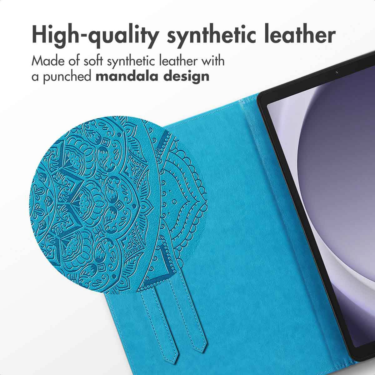 Blauwe synthetisch lederen tablethoes met mandalapatroon.