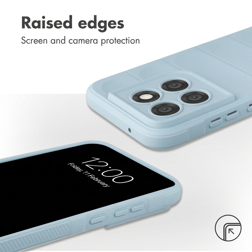 Coque de téléphone bleu clair avec bords surélevés pour protéger l'écran et l'appareil photo.
