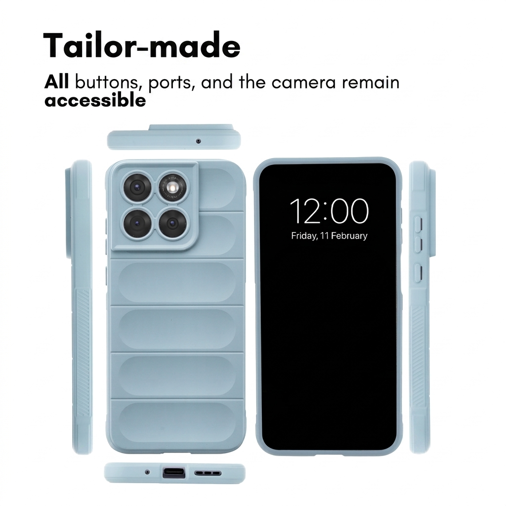 Une coque de smartphone bleu clair sous plusieurs angles avec du texte.
