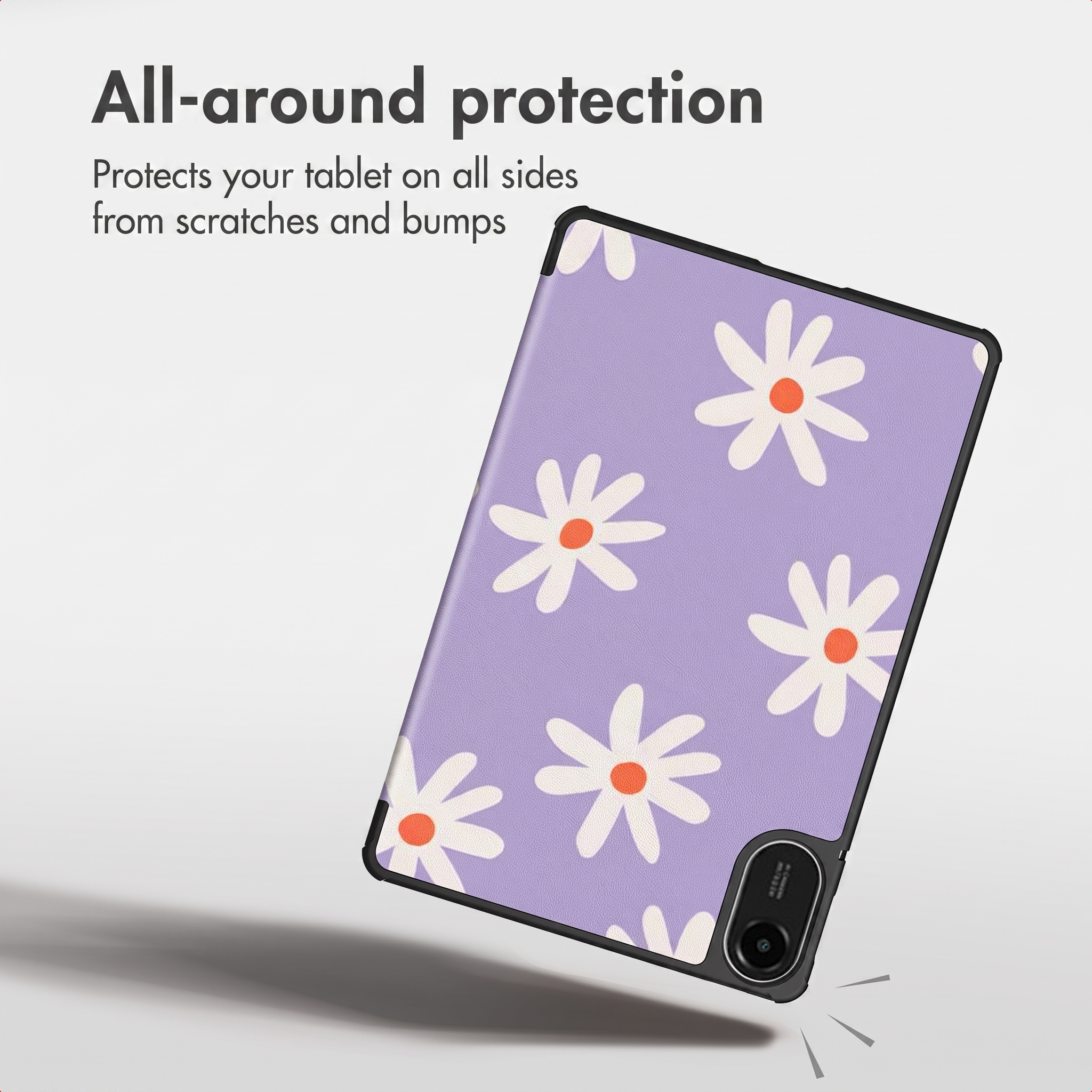 A purple tablet case with white daisy pattern, text on the top left.