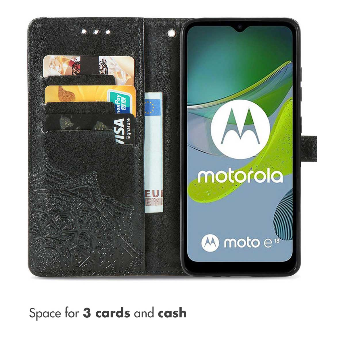 Schwarze Leder-Handyhülle mit Kartenfächern, Geldscheinfach und einem Motorola-Smartphone.