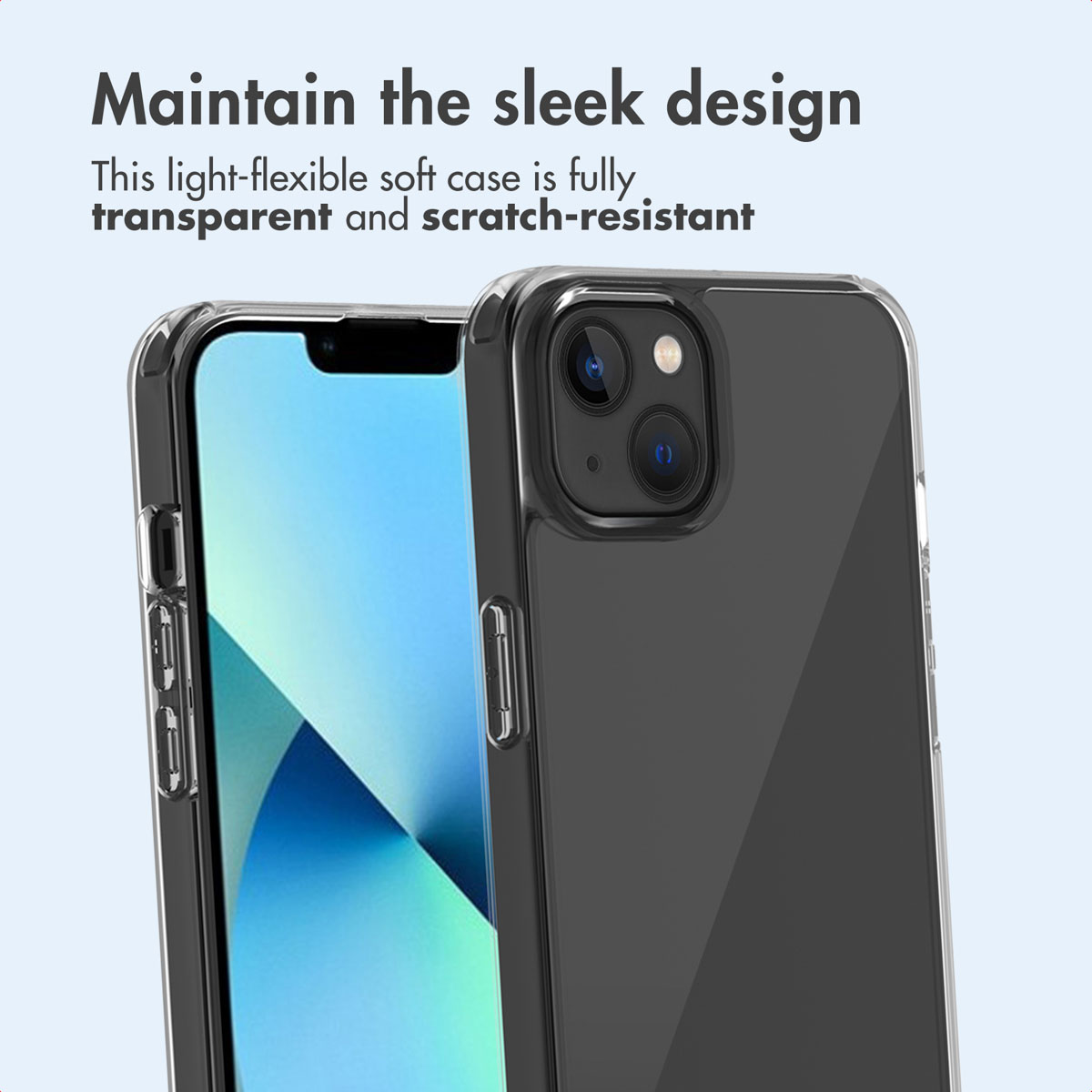 Transparente weiche Hülle auf einem Smartphone mit Text oben.