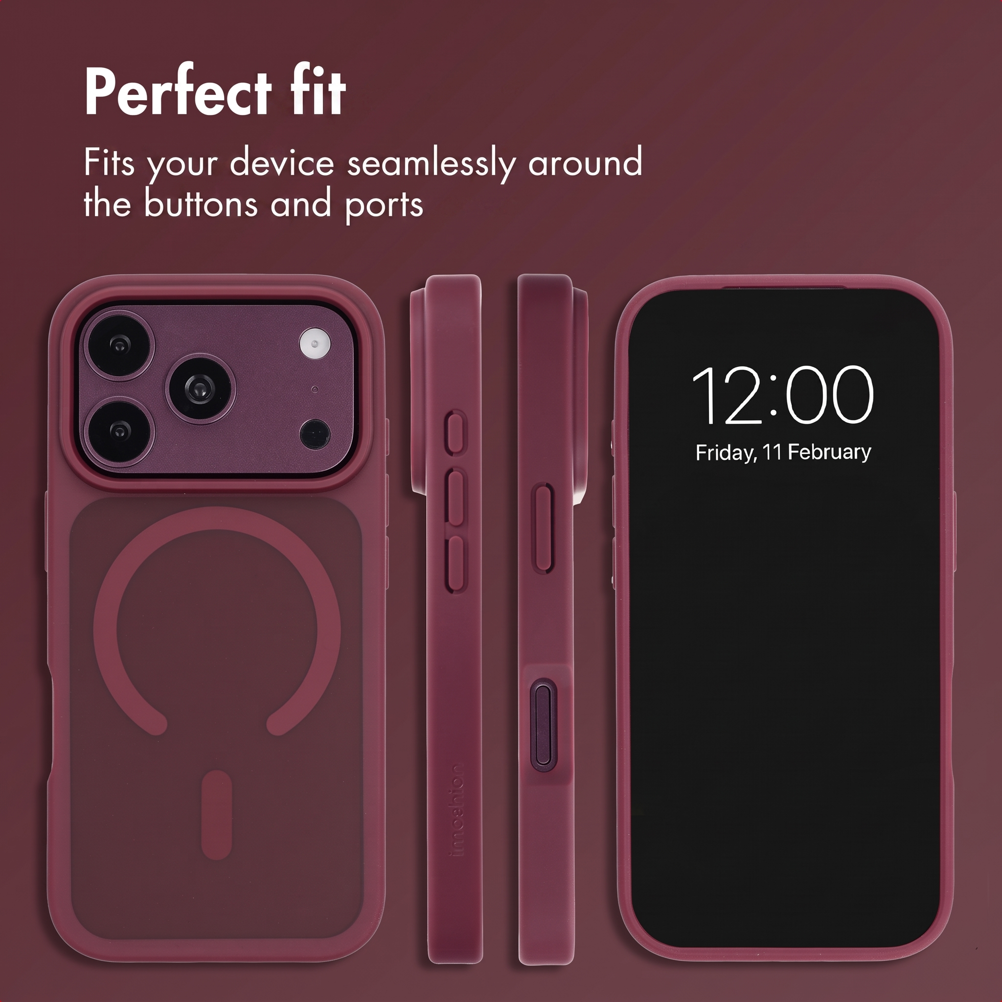 Custodia protettiva per smartphone rosso scuro con apertura per fotocamera e tasti laterali.