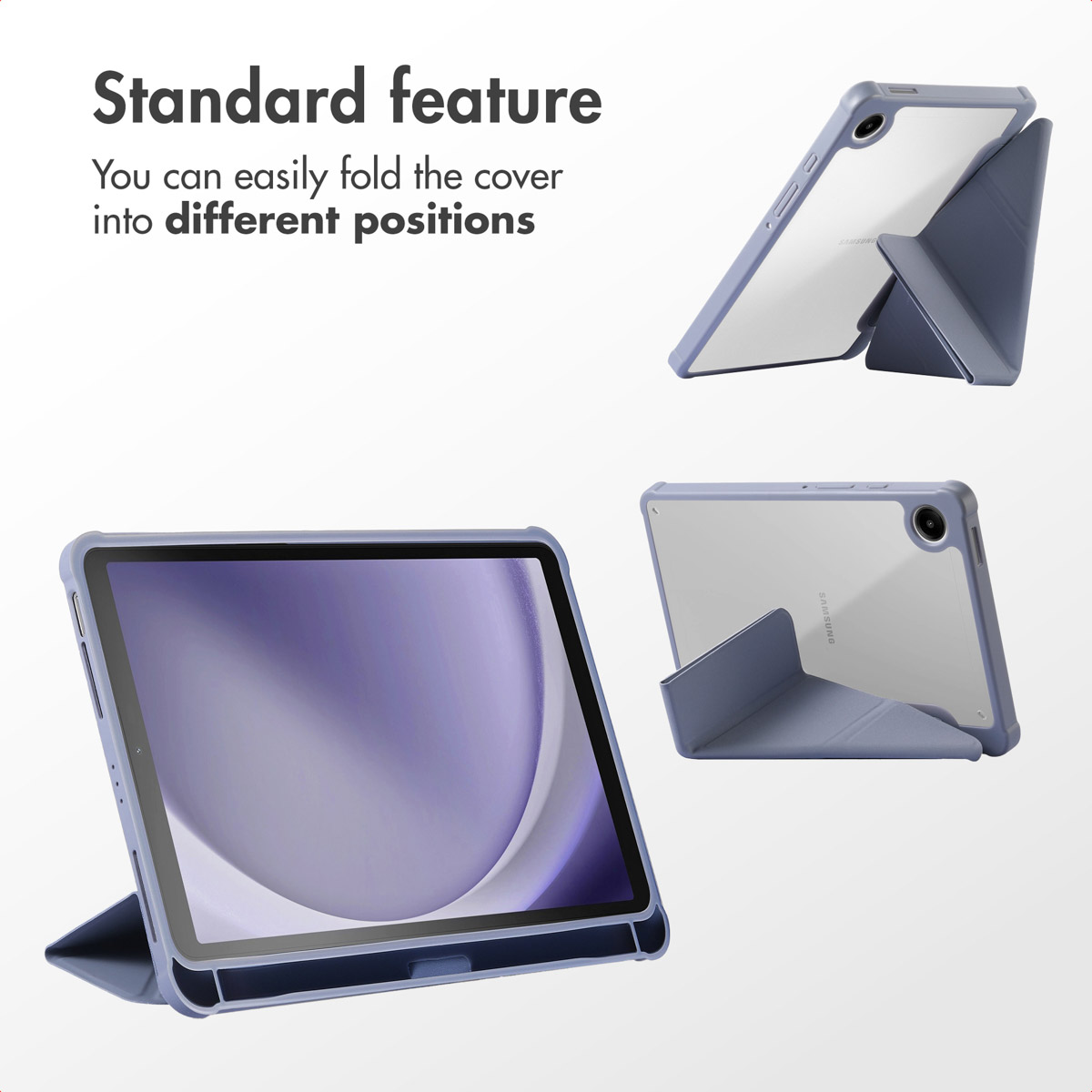 Une tablette violette dans un étui support pliable sur fond blanc.