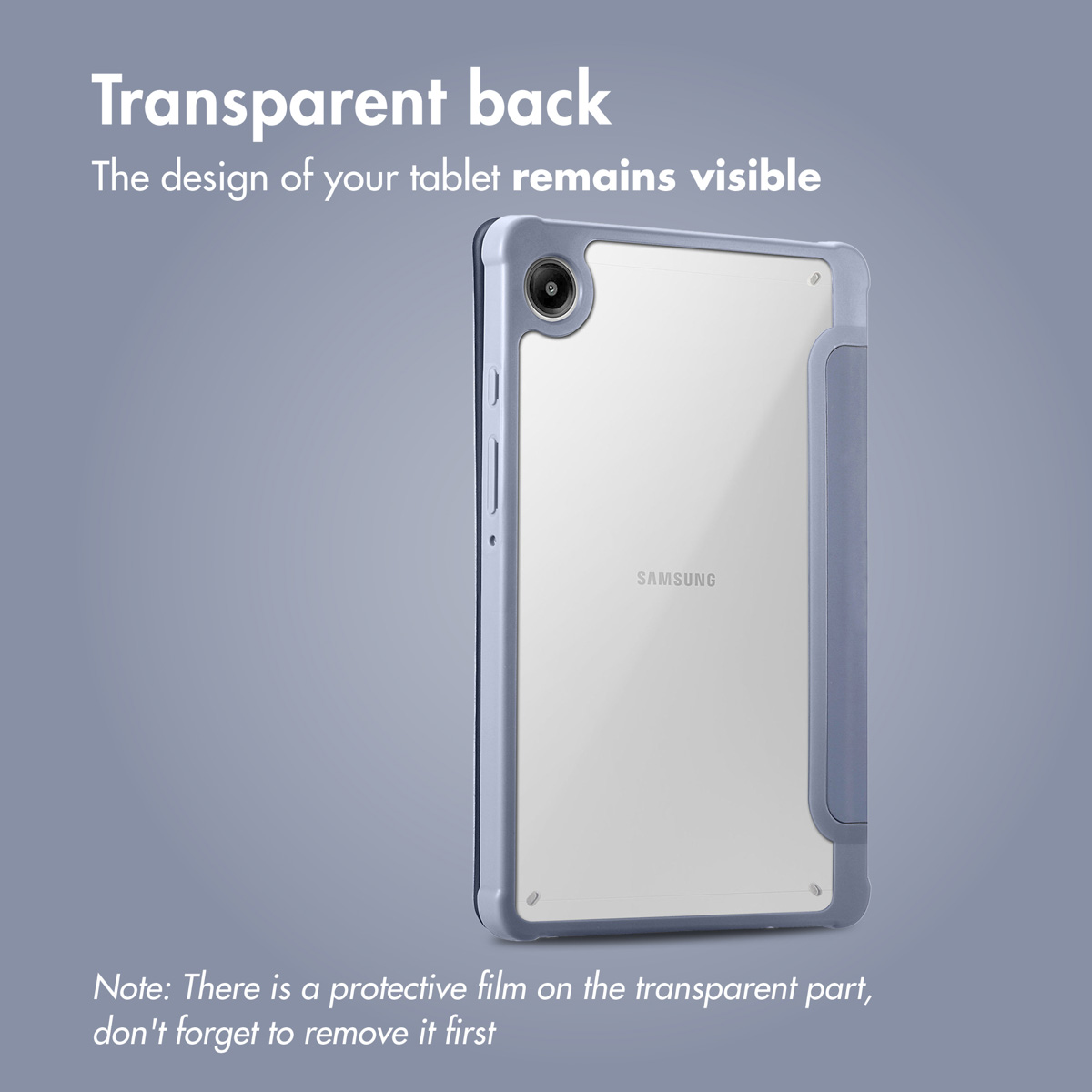 Étui de tablette transparent avec bordures grises sur fond gris, texte en haut et en bas.