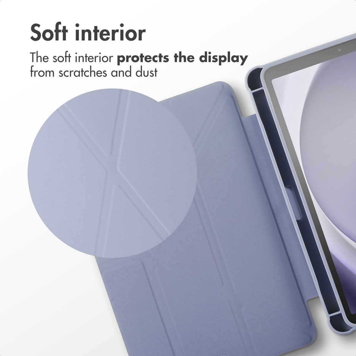 Étui de tablette violet avec intérieur doux pour protéger l'écran des rayures et de la poussière.