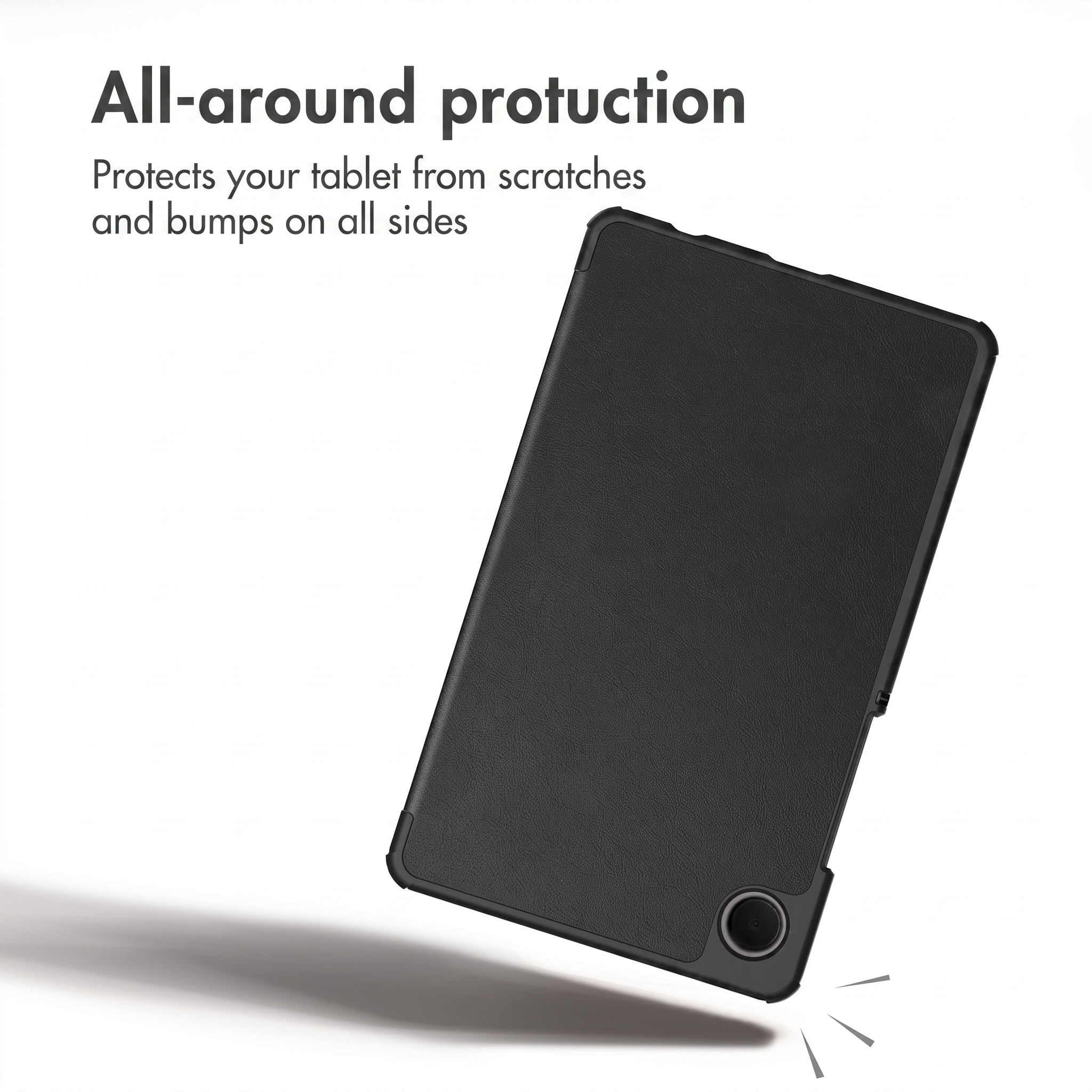 Black tablet case with text and drop shadow effect.