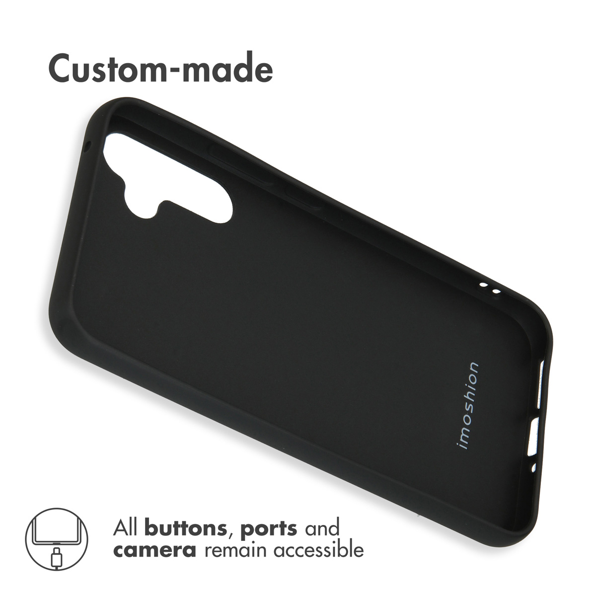 Une coque de smartphone noire repose sur un fond blanc avec du texte au-dessus et en dessous.