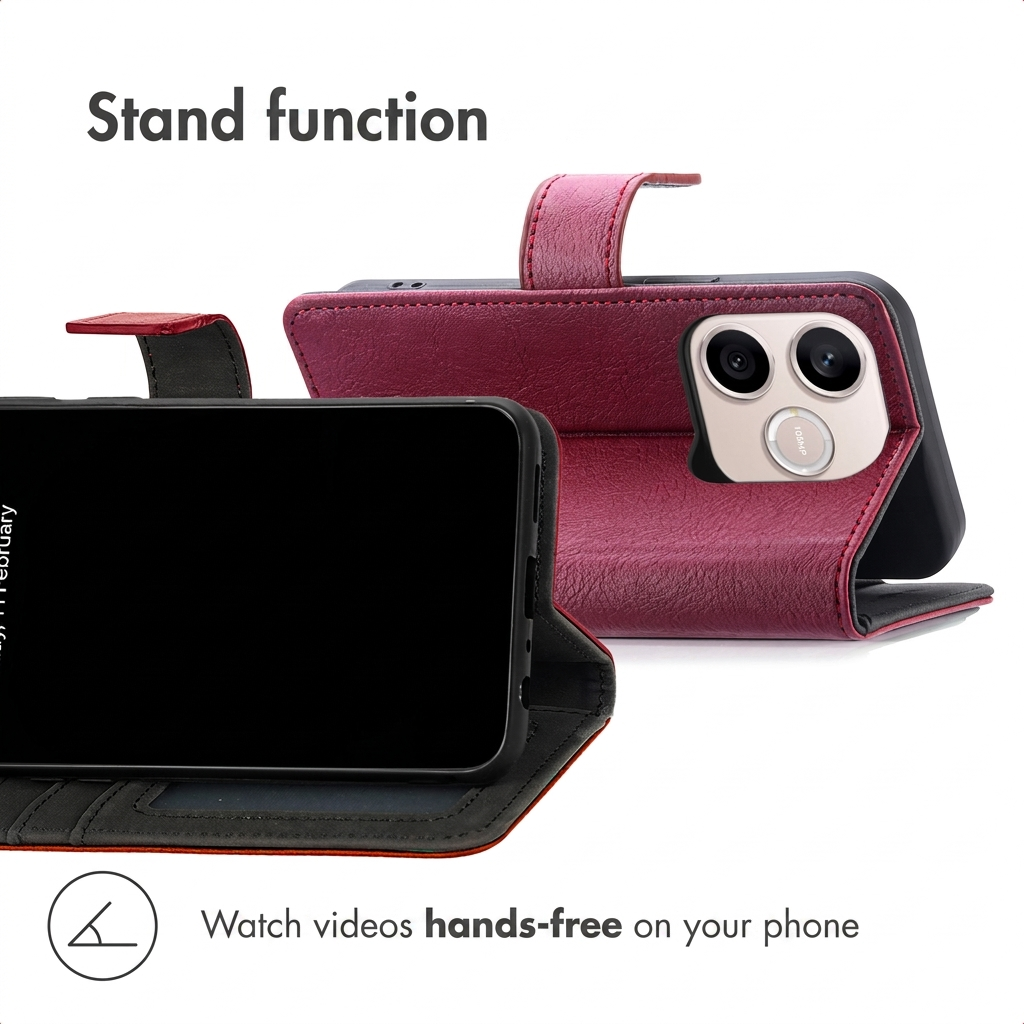 Een bordeauxrode telefoonhoes horizontaal opgesteld toont de staande functie voor handenvrij kijken.
