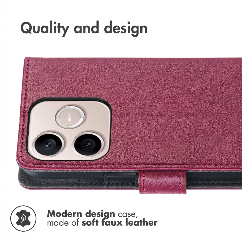 Bordeauxrode kunstlederen smartphonehoesje toont cameramodules.