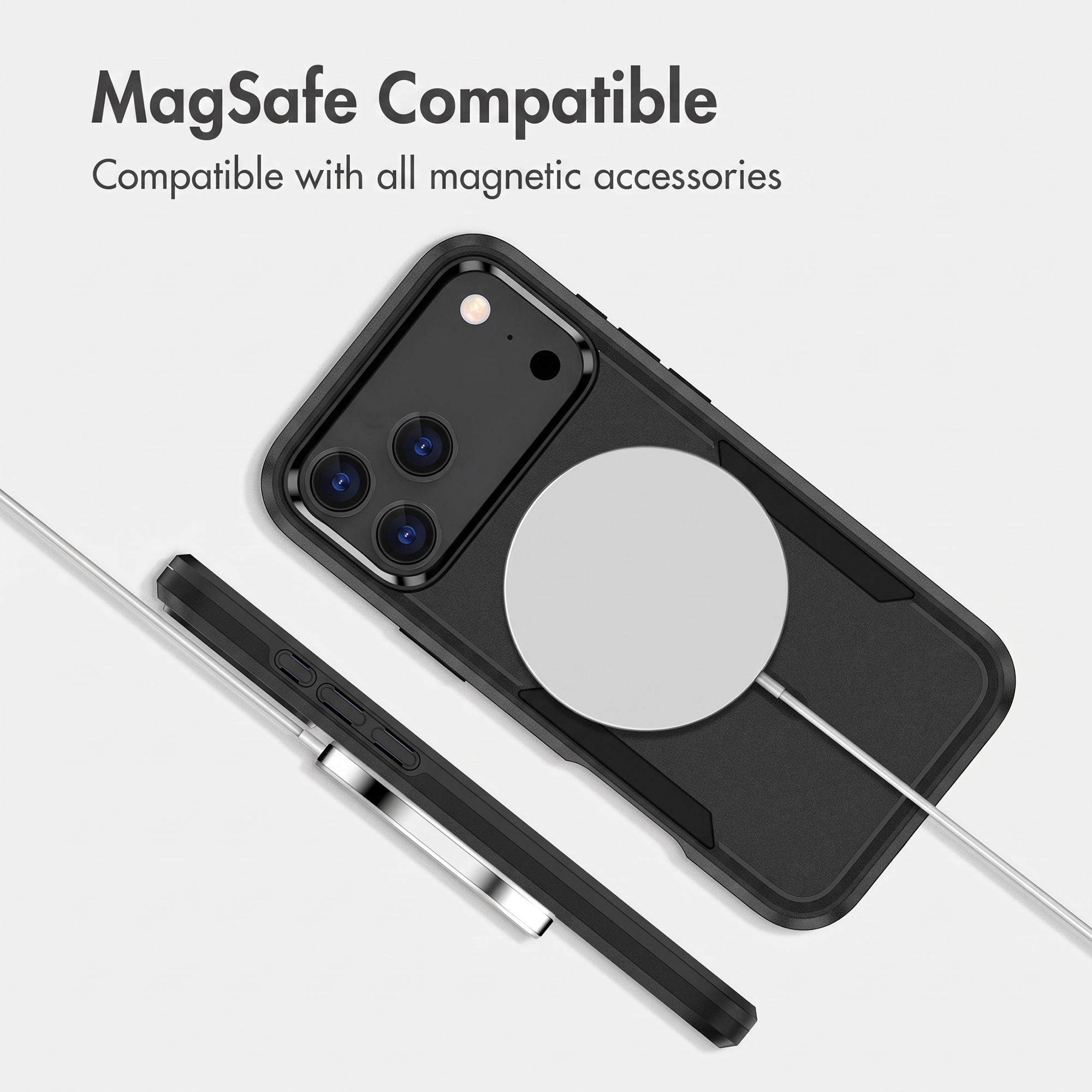 Une coque noire avec un chargeur magnétique circulaire au dos et une vue de profil.