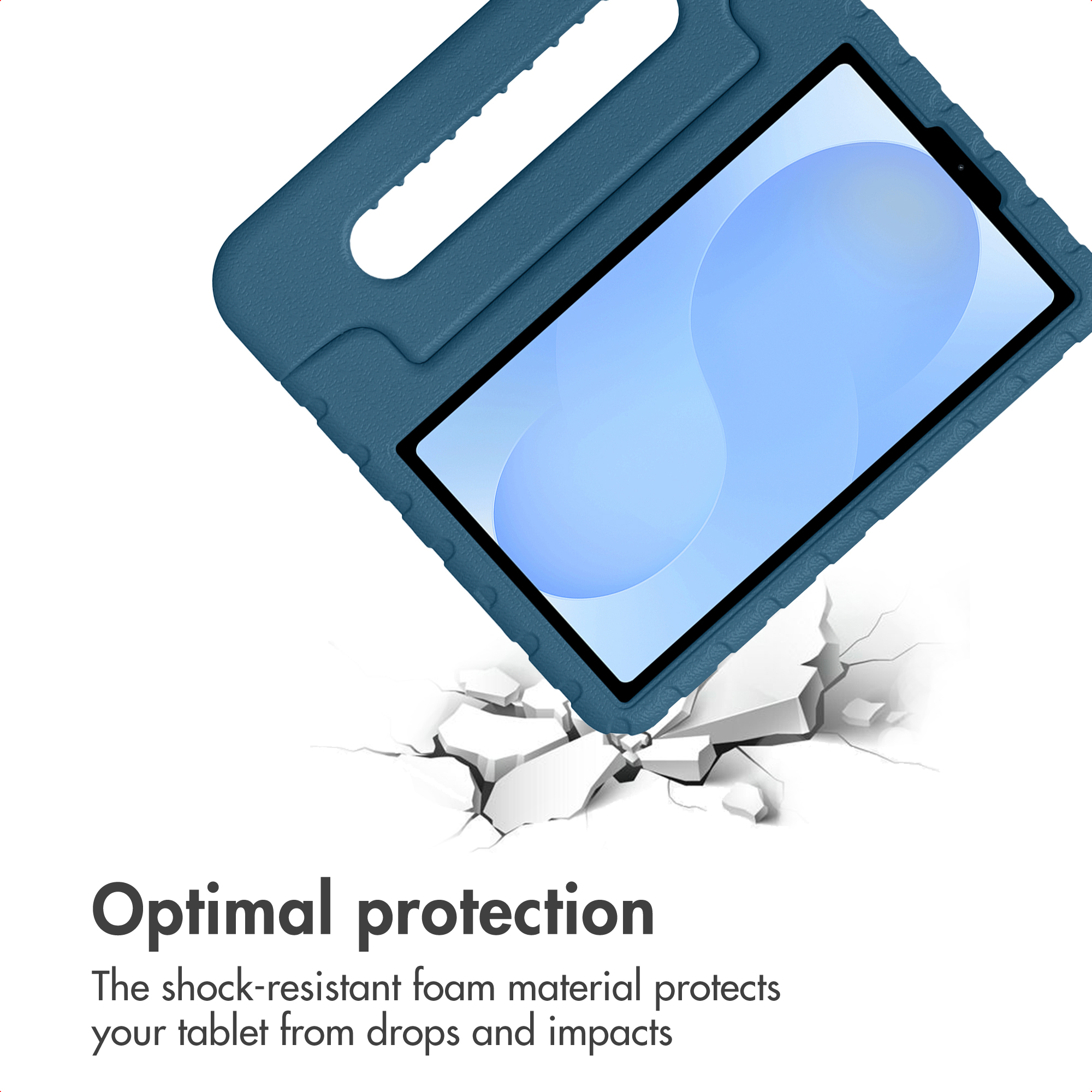 Une coque de tablette bleue protège l'appareil contre les chocs.