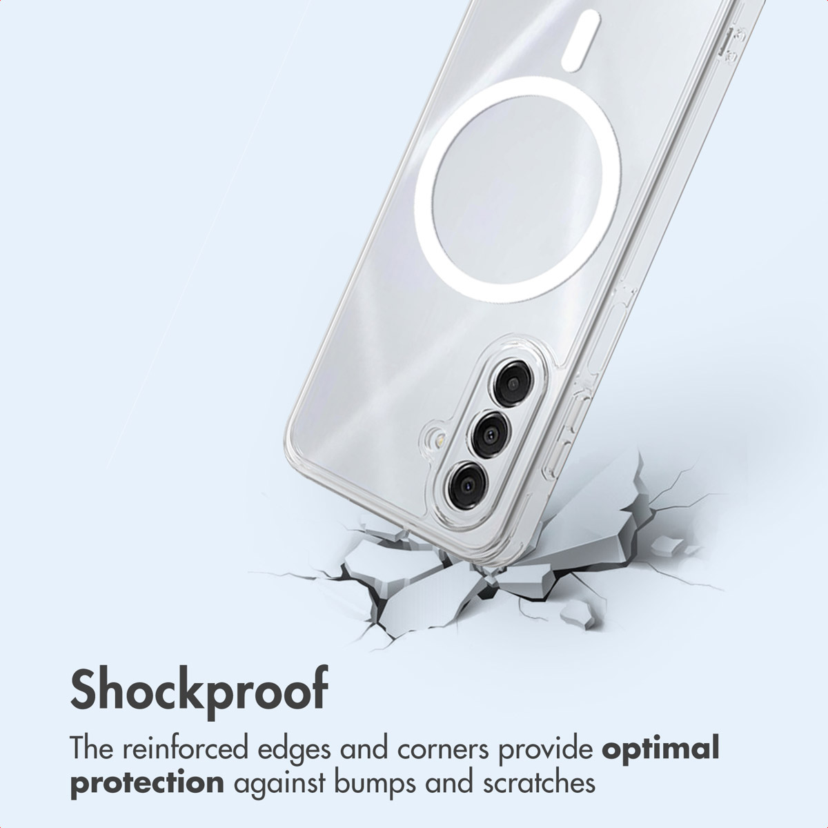 Una funda transparente resistente a los golpes protege un smartphone que golpea una superficie agrietada.