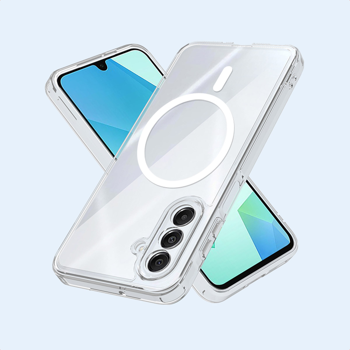 Dos fundas de teléfono transparentes con anillo MagSafe y recorte para cámara sobre fondo claro.