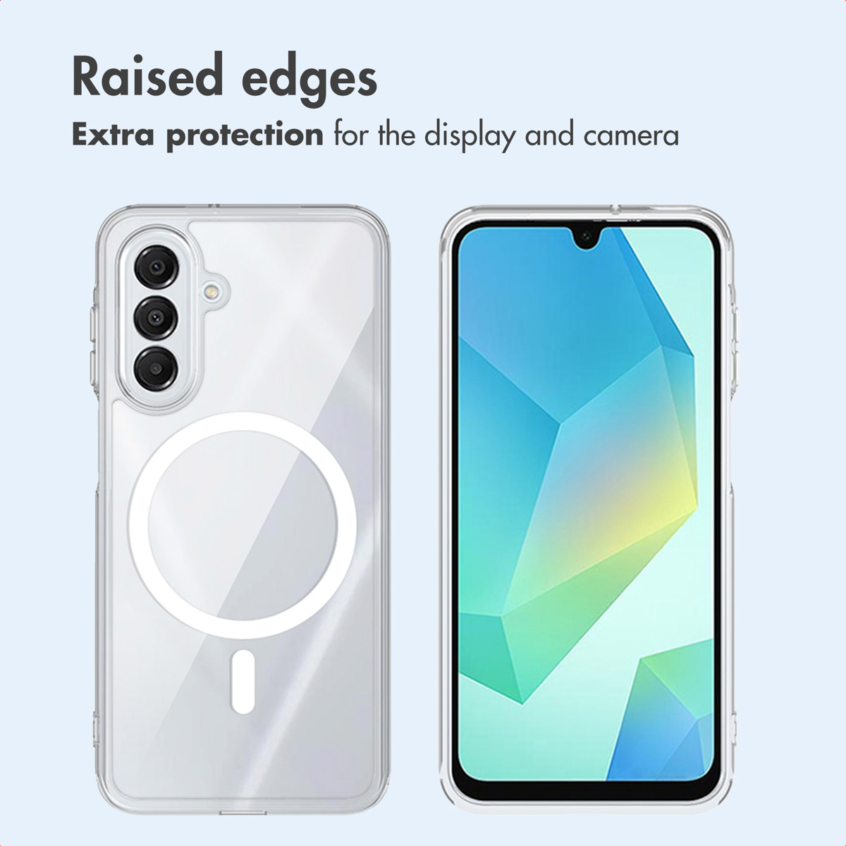Funda de teléfono transparente con anillo MagSafe y pantalla.