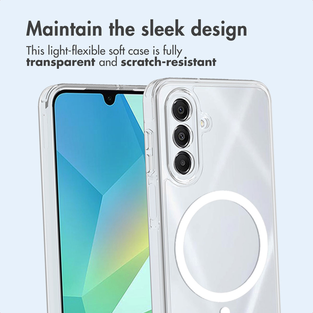 Una funda transparente y resistente a arañazos sobre un fondo azul claro con texto.