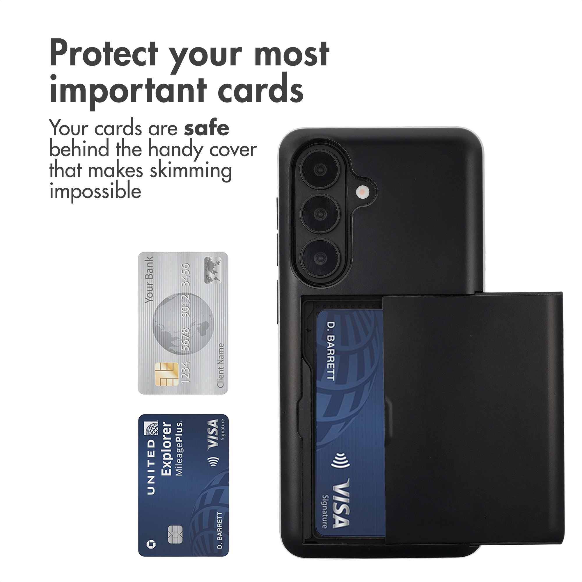 Funda de móvil negra con tarjetero integrado, dos tarjetas de crédito y texto publicitario.