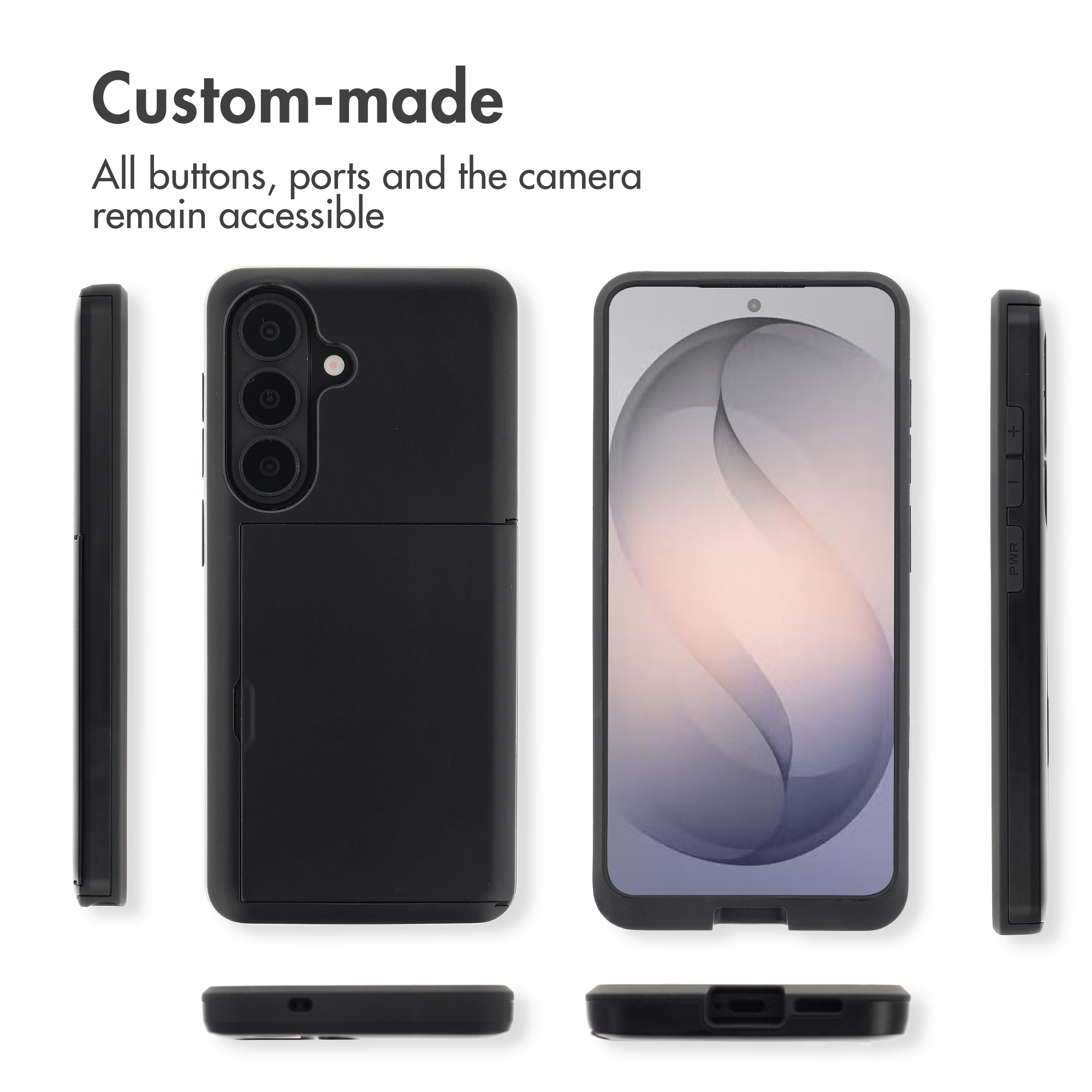 Funda de smartphone negra mostrada desde varios ángulos, mostrando botones y puertos.