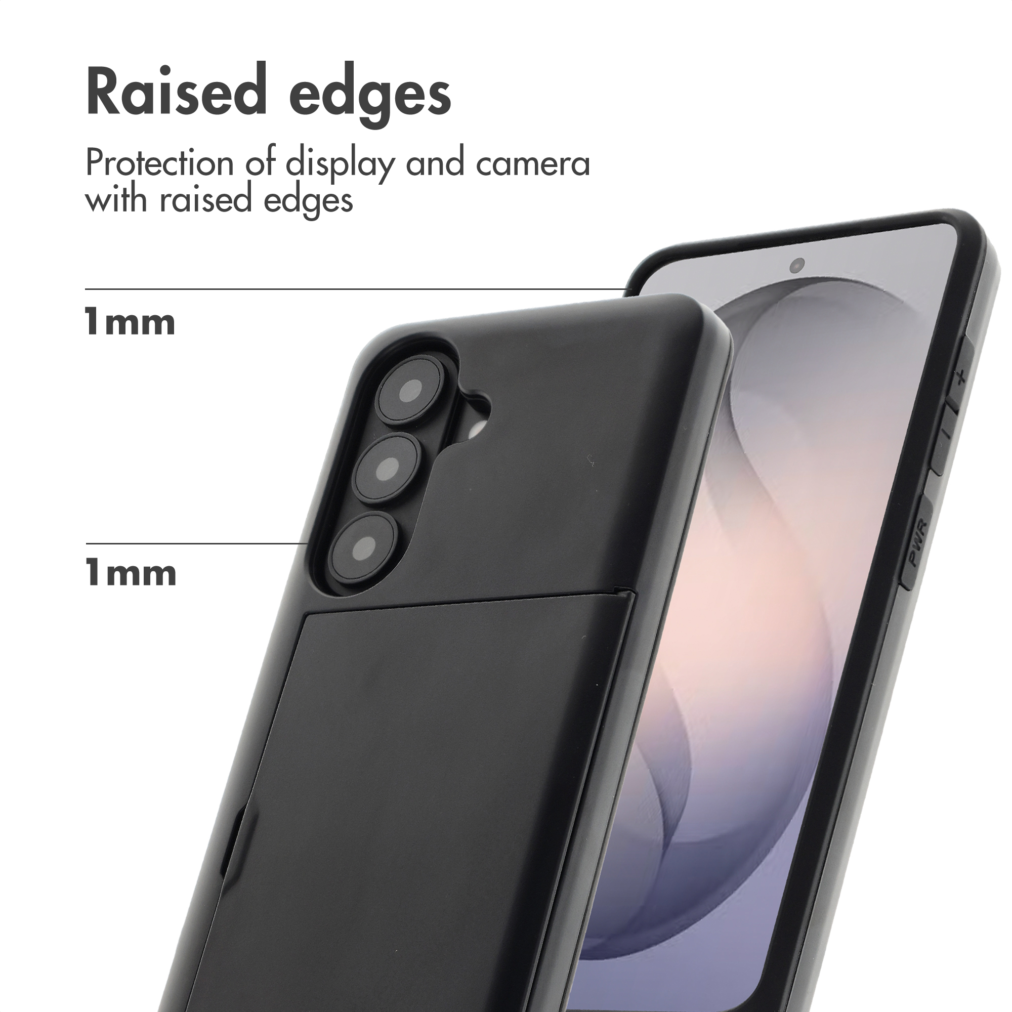 Funda de móvil negra con bordes elevados de 1mm para proteger pantalla y cámara.