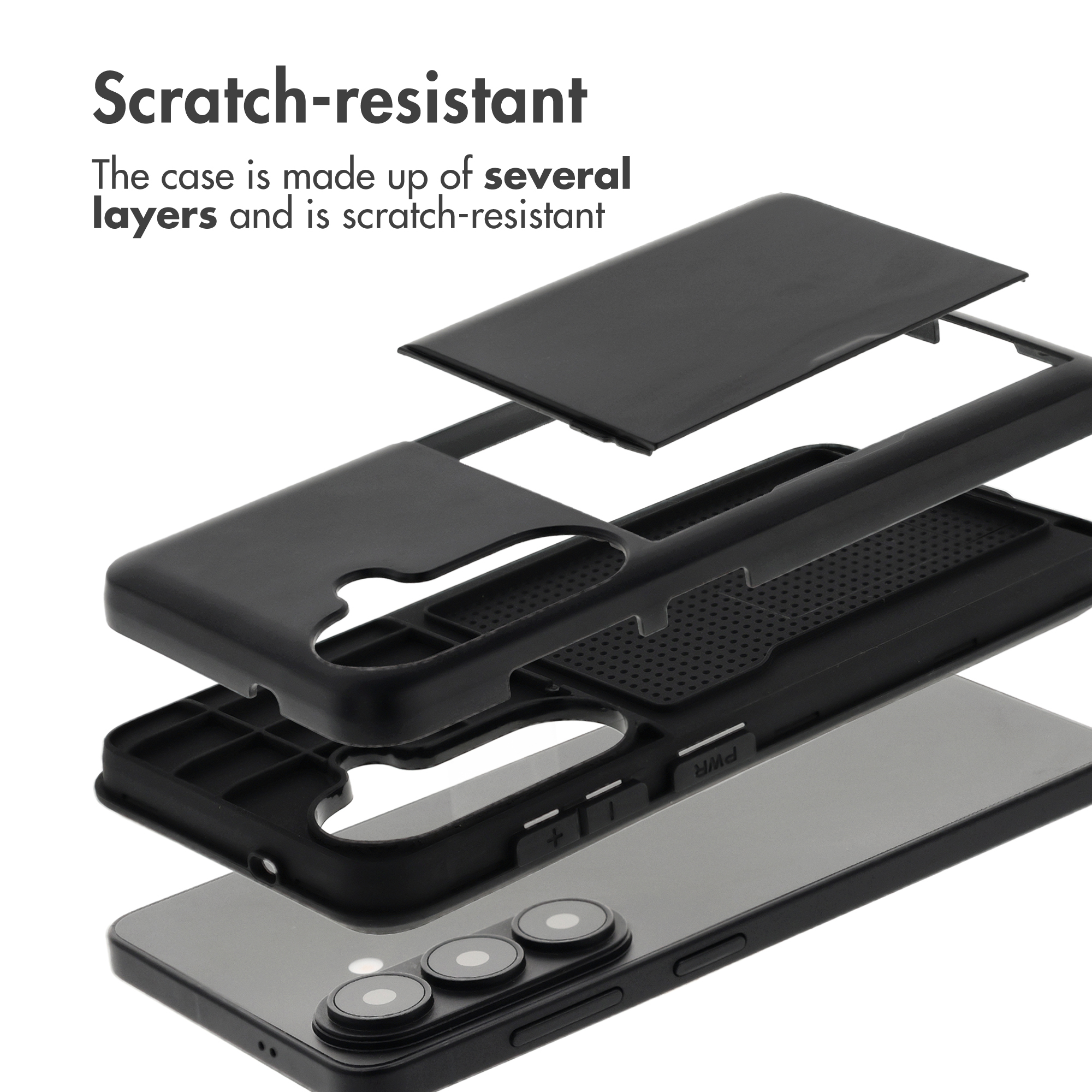 Vista despiezada de una funda de móvil negra multicapa resistente a los arañazos sobre un smartphone.