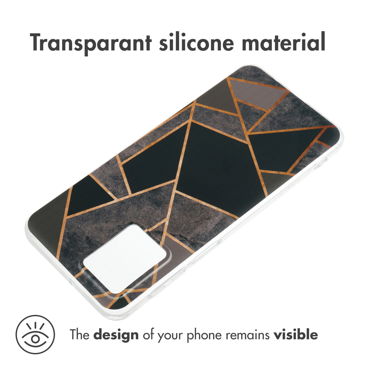 Funda de móvil de silicona transparente con diseño geométrico de mármol y líneas doradas sobre fondo negro y gris.