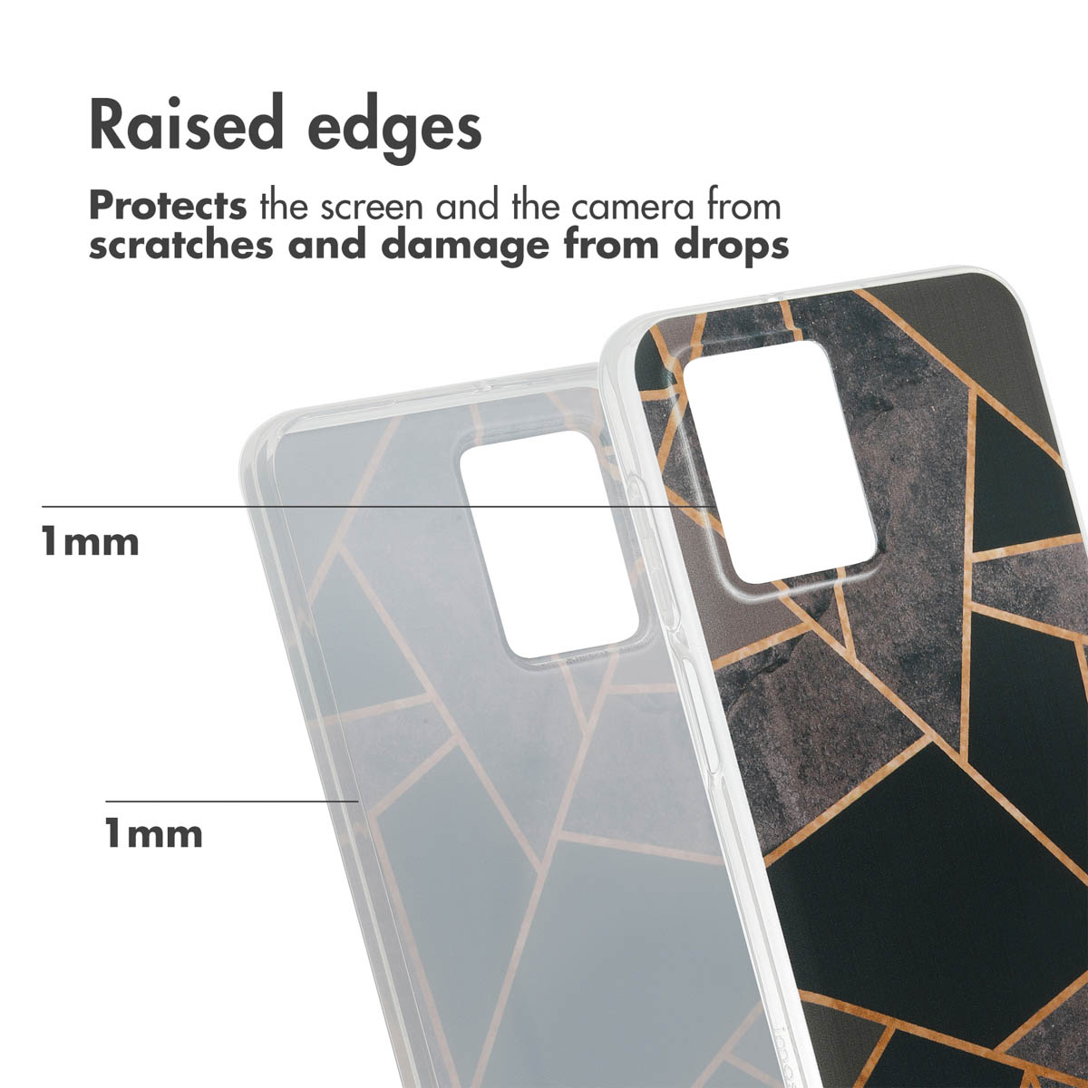 Funda para móvil con bordes elevados de 1 mm para proteger pantalla y cámara.