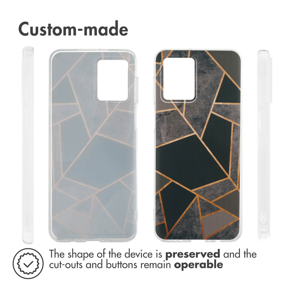 Funda de teléfono con patrón de piedra geométrica, vistas laterales transparentes y texto.