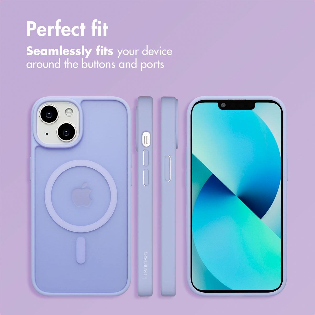 Custodia per iPhone viola con MagSafe, viste laterali e frontali con smartphone.