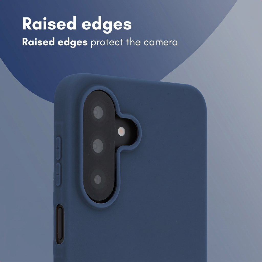 Blaue Smartphone-Hülle mit erhöhten Rändern um die Kamera.
